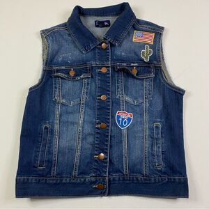 Wrangler Denim Vest Girl's XL Jean Jacket Biker Western‎ Cowgirl USA Patches